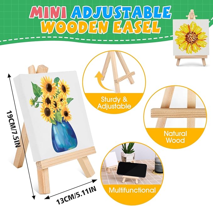 ESRICH 24 Set Mini Acrylic Paint Kit,5in Mini Stretched Canvas with 7.5in Easel,Acrylic Paint Strips,Paint Palettes,Painting Brushes, Small Canvas and Easel Set for Kids Artists Beginner,Gift