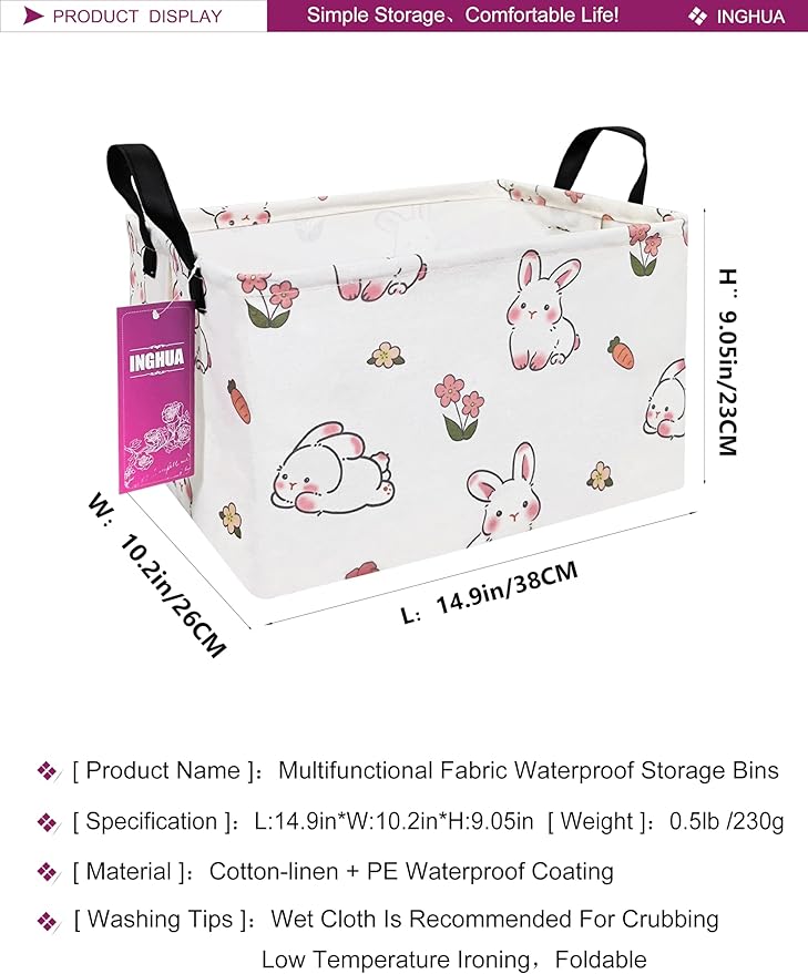 Rectangular Storage Basket Fabric Organizer Bin for Toys,Books,Clothes,Gifts,Pets-Perfect for Home,Office,Nursery,Dorm,Shelf(Rec-rabbit)