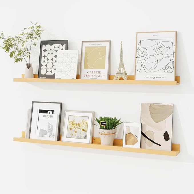Picture Ledge Shelf, Solid Pine Wood Floating Shelves Set of 2, 36 Inches Nursery Book Shelves for Toys Storage, Kids Bookshelf Wall Mounted for Living Room Bedroom Decor Books Photo Frames, Natural