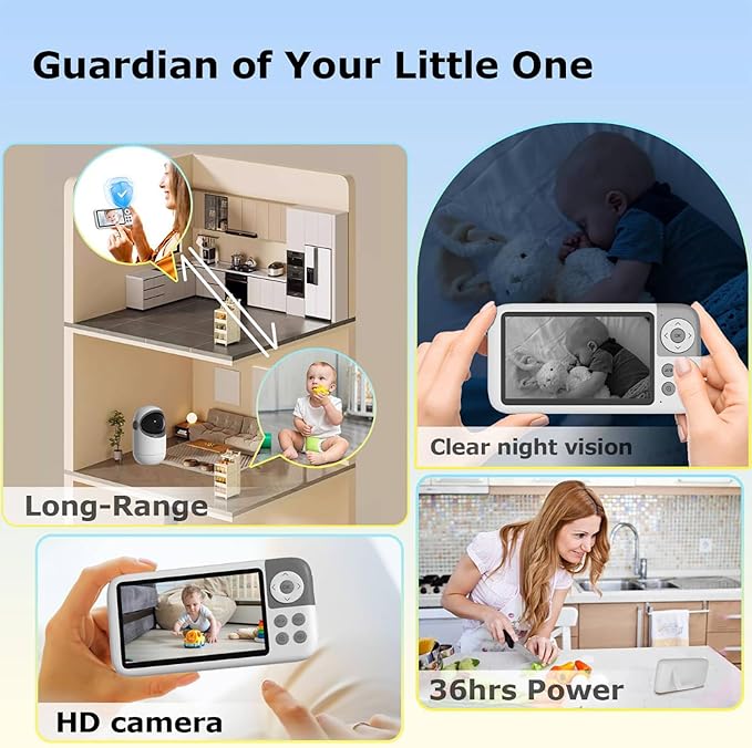 5'' Video Baby Monitor with Camera and Audio,36-Hrs Battery Life,HD Camera Remote Pan Tilt 3X Zoom,Long Range Baby Monitor No WiFi,Night Vision,Portable,2-Way Talk,VOX-Saving Power IPS Screen