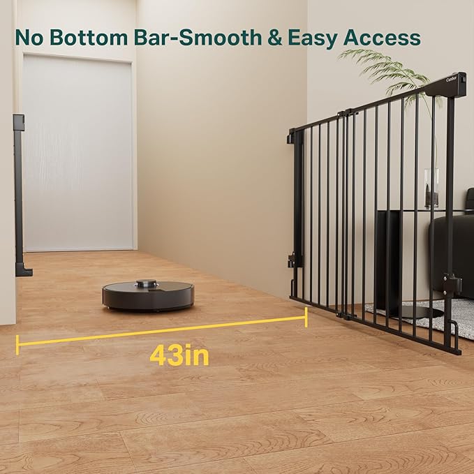 Cumbor 29.2-43" No Bottom Bar Baby Gate for Stairs, 2-in-1 Hardware Mounted Dog Gate Indoor, Wide Pet Gates for Doorway with Large Walk Thru Door, Child-Proof Gate for Top & Bottom of Stairs(Black)