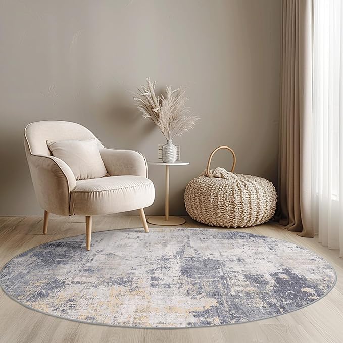 Washable Area Rugs 6ft Non-Slip Modern Abstract Soft for Living Room Entryway Bedroom Nursery, Print Pattern, Purple Grey Cream Yellow