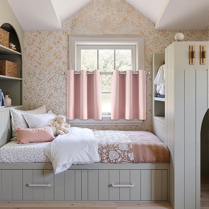 MIULEE Short Curtains for Windows - Baby Pink Blackout Half Window Curtains Thermal Insulated Privacy Drapes for Kitchen Bedroom Bathroom Grommet Top Small Basement Tiers W40 x L36 Inch 2 Panels