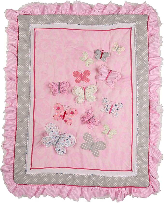 7 PCs Pink Embroidery Butterfly Nursery Crib Bedding Set 100% Cotton Baby Girl 3D Butterfly Themed Cot Bedding Set 1 Quilt, 2 Fitted Sheet, 1 Window Valance, 3 Butterfly Shaped Wall Decor