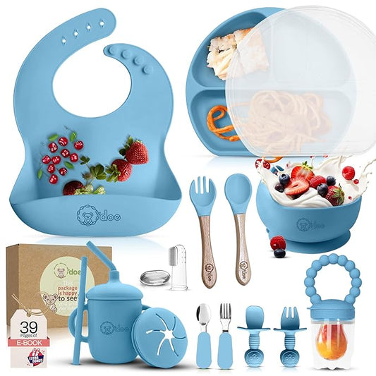 O'doe 17-Piece BPA-Free Silicone Baby Feeding Set | Thick & Soft Suction Plates, Baby Bowls, Wooden Fork & Spoon, and More | Make Mealtime Fun and Easy for Your Little One (Blue, V2)