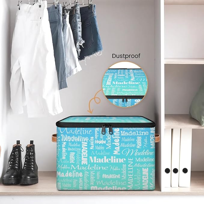 Custom Storage Basket with Name, Personalized Storage Bins with Zipper Lid, Foldable Fabric Storage Box Large capacity with Handle Blue Green Gradient