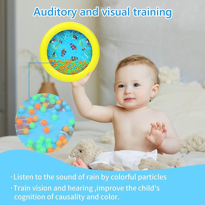 Musfunny Ocean Drum Wave Bead Drums Gentle Sea Sound Music Gift Musical Educational Sea Sound Drum Tool for Kid Child Baby (Yellow)