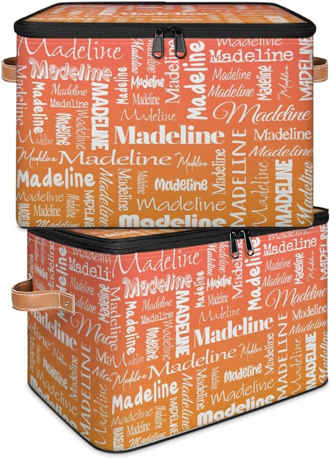 Custom Storage Basket with Name, Personalized Storage Bins with Zipper Lid, Foldable Fabric Storage Box Large capacity with Handle Orange