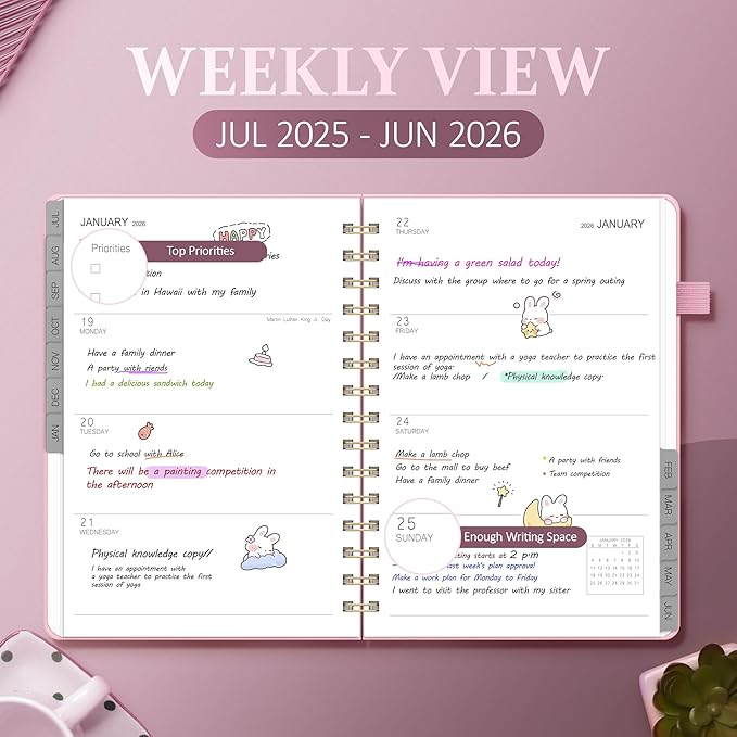 Planner 2025-2026 Weekly and Monthly, July 2025 - June 2026, Hardcover Spiral Bound with Tabs, Inner Pocket, A5 (6.3"x8.5") - Ideal for Teachers, Students & Professionals, Pink