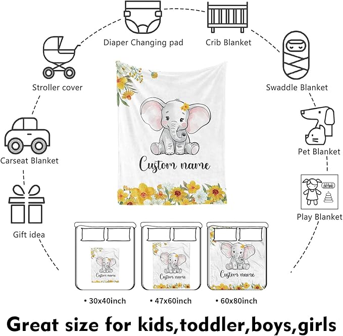 Custom Nursery Crib Bedding Set: 4 Piece Yellow Floral Elephant Design Baby Crib Sets for Girls with Personalized Name - Toddler Double Layer Blanket Set, Comfortable Crib Bed Sheets for Baby Toddlers