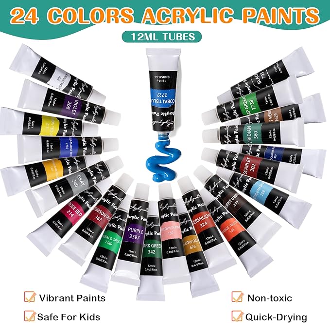 koseibal Acrylic Art Set with 24 Acrylic Paints, 8 DIY Wooden Stencils 5 Canvas Panels 8 Brushes, Table Easel, Etc, Painting Supplies Kit for Kids Students Artists and Beginner.