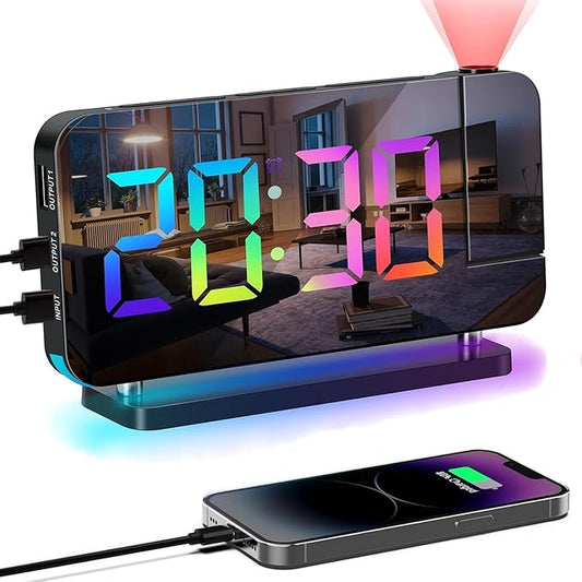 Projection Alarm Clock for Bedroom Ceiling,RGB Digital Clocks Radio with 10 Colors RGB Night Light,Loud Alarm Clock for Heavy Sleepers,USB C Charger Port,Snooze,12/24H,Auto Dimming