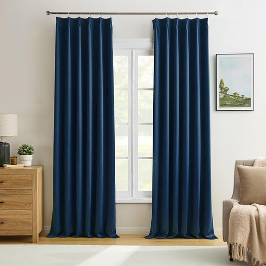 Navy Blackout Pleated Curtains 96 Inch Length Soft Polyester Blue Drapes for Living Room 2 Panels Set Room Darkening Black Out Hook Curtain with Pinch Pleat Ceiling Mount 40 Wide x 96 Inches Long