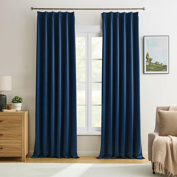 Navy Blue Blackout Pinch Pleated Curtains for Living Room, Aesthetic Bedroom Room Darkening Curtain 132 Inches Long 40" W x 132" L-2 Panels