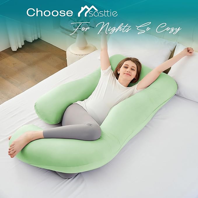 Sasttie Pregnancy Pillows for Sleeping, U Shaped Cooling Full Body Pillow with Removable Cover, Pregnant Women Must Haves, Maternity Essential, Light Green