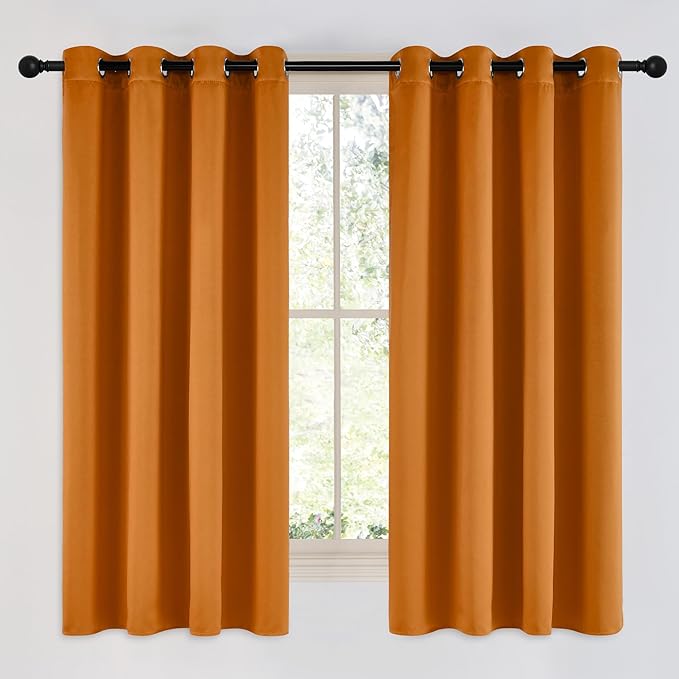 NICETOWN Room Darkening Orange Curtains 63 inches Long - Grommet Faux Silk Thermal Drapes Light Reducing Energy Saving Privacy Window Treatments for Bedroom, 2 Panels, W52 x L63