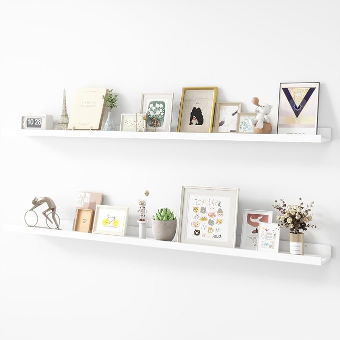 Picture Ledge Shelf, Wood Long Floating Shelves for Wall, Set of 2, 56 inch Picture Ledge Shelves, Photo Ledge Nursery Book Shelves Wall Mounted for Living Room Kids' Room Bedroom, Color White