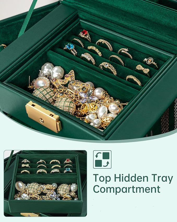 AKOZLIN 4-Tier Jewelry Box Leather Jewelry Storage Organizer with 3 Drawers Lockable for Women Girls Ring Necklace Earring Bracelet Holder with Mirror Forest Green