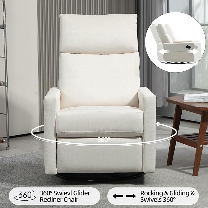 Swivel Rocker Recliner Chair, Upholstered Fabric Nursery Rocking Glider Chair with Adjustable Backrest and Footrest, Lay Flat Recliner Single Lazy Sofa for Living Room(Beige)