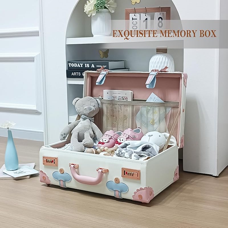 Unitravel Baby Keepsake Case, Handmade Memory Storage Box, Newborn Keepsake Box, Vintage Suitcase for Baby Shower, Baptism, Naming Ceremony or Birthday (cream white, 18")