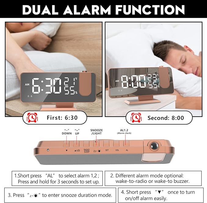 Projection Digital Alarm Clock for Bedrooms, Alarm Clock Radio on Ceiling, USB Charger Port, Temperature & Humidity Display, 7.3” Large Mirror LED Display,12/24H,Snooze,Dual Loud Clock- 4 Dimmer