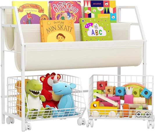 Kids Bookshelf and Toy Storage with 2 Rolling Baskets – Toddler Bookshelf, Montessori Children's Booksheves for Nursery, Small Book Shelf for Kids Rooms, Playroom Organization and Storage