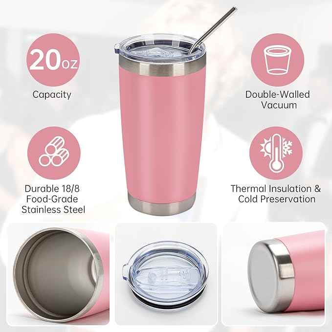 IEOVIEE 32 Pack 20oz Stainless Steel Bulk Tumblers with Lids and Straws Double Wall Insulated Travel Mug Durable Powder Coated Tumbler Bulk Cup for Cold and Hot Drinks(Pink)