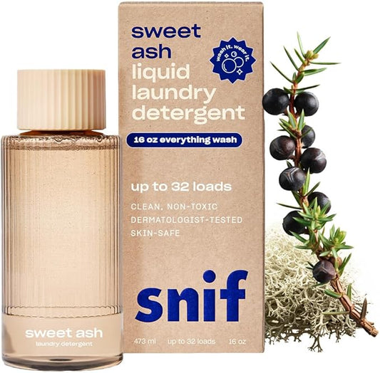 Snif Sweet Ash Laundry Detergent, Low Key Sweet and Earthy Scent, 32 Loads, Non-Irritating to Skin, Clean, Non-Toxic, Vegan, Cruelty Free, 16oz