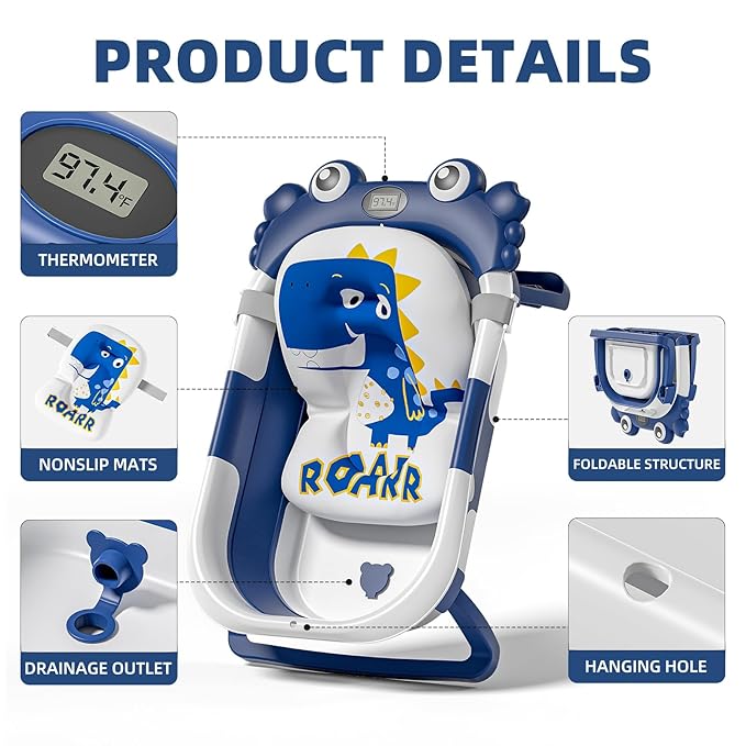 Collapsible Baby Bathtub for Newborns to Toddler with Real-time Temp Monitor & Floating Cushion,Portable Travel Tub for 0-36 Month, Foldable Baby Bath Tub for Infants Boy (Blue)