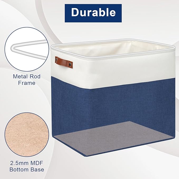 Large Fabric Storage Baskets | 50L Storage Bins, Decorative Linen Closet Baskets with Handles for Organizing, Shelf, Toys, Clothes, Home, Office, Nursery, 17x12x15Inches (Navyblue&White)