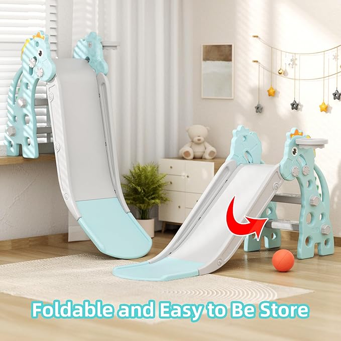 67i Toddler Slide for Indoor & Outdoor Play with Basketball Hoop, Anti-Slip Steps, 46.8in Baby Climber (Green)