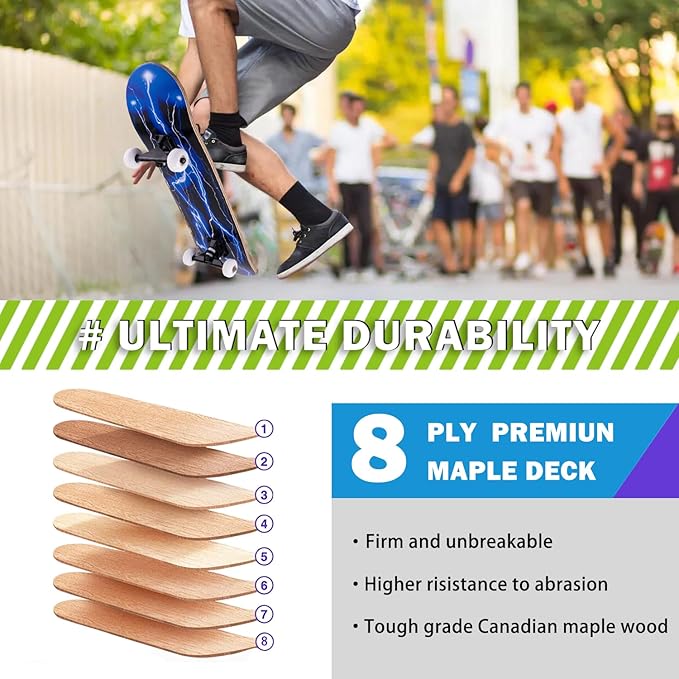 Skateboard,31 x 8 Inch Complete Skateboard, 8-Layer Maple Wood Deck Double Kick Standard Skateboards for Kids, Teens, Adult, Beginner