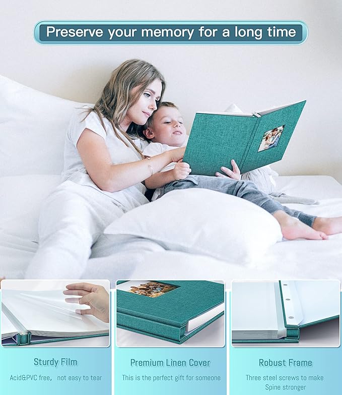 popotop Photo Album Self Adhesive with Picture Display Window,60 Pages DIY Scrapbooking Supplies Kit for 4x6 10x12 Picture,Linen Cover Memory Book for Baby Wedding, with Scraper and Metallic Pen