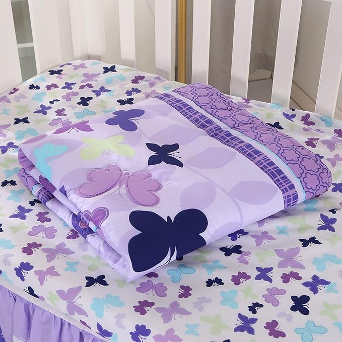 Wowelife Butterfly Mini Crib Bedding Set, 3 Piece Baby Bedding Set Butterfly, Mini Crib Nursery Bed Set, Breathable and Soft with Sheet Sets for Baby Girl, Purple