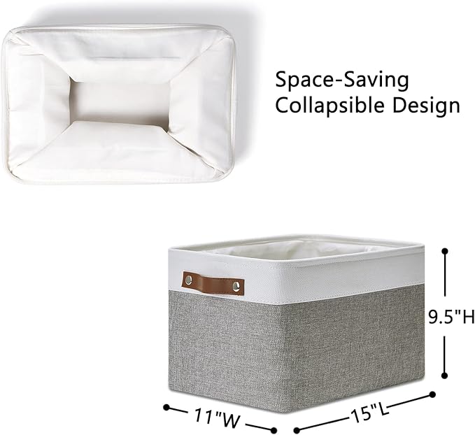 DULLEMELO Fabric Baskets for Storage, Office, Home,Nursery,Organizing Baskets for Shelves, Bedroom, Toys,Gift,Fabric Storage Basket with Handles(White&Grey,15"x11"x9.5",4-Pack)