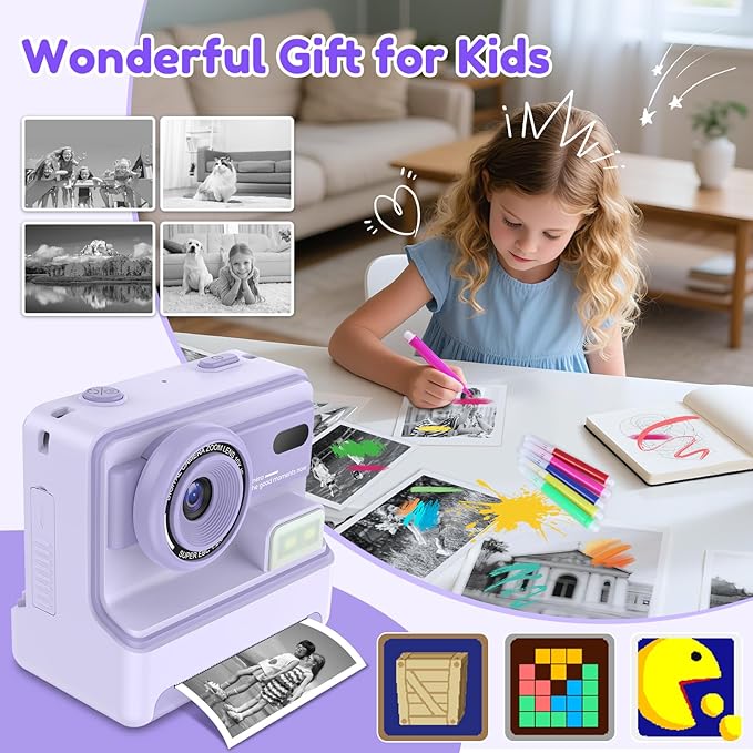 Instant Camera, Instant Print Camera for Kids with 1080P Videos, Front Rear Dual Selfie, 3 Rolls Print Paper & 32GB SD Cards, Christmas Birthday Gifts for Girls Age 3-12
