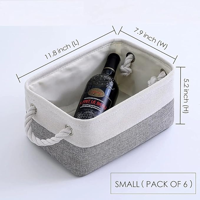 Fabric Storage Bins 12x8x5 inch [6-Pack] with Rope Handles - Decorative Baskets for Organizing