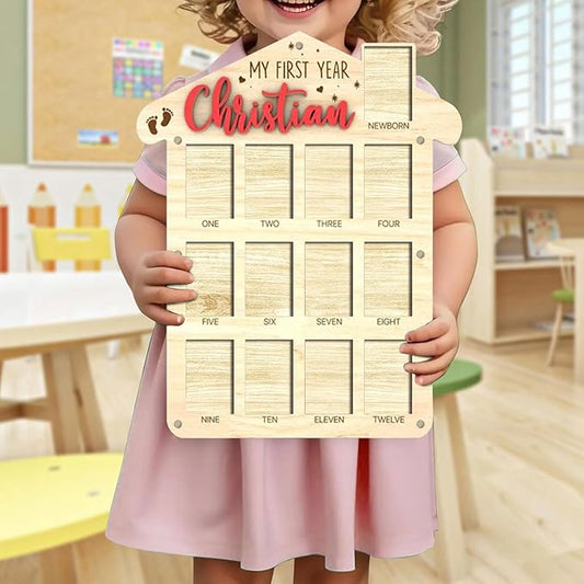 V-DECORPARKS Personalized My First Year Photo Frame | 12 Months Picture Frame For Baby First Year | Displays Thirteen 2x3 Pictures | Birthday Party Decor Newborn Memory Keepsake, House Shaped