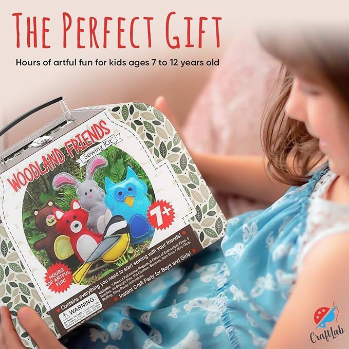 Woodland Animals Kids Sewing Kit, Educational Beginner Arts & Crafts Gift for Boys and Girls Ages 7 to 13 DIY Learn to Sew Embroidery