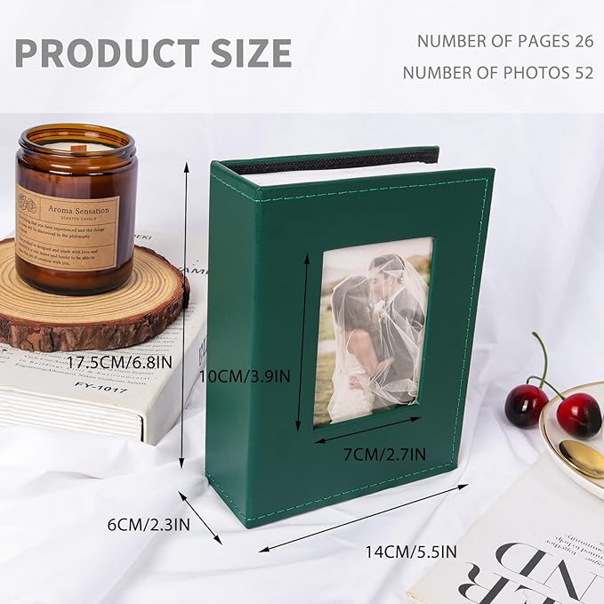RECUTMS Small Photo Album 4x6 Photos - 52 Photos Small Mini Capacity Premium Leather Cover with Front Window, Mini Book Photo Books for Weddings Family (Dark Green)