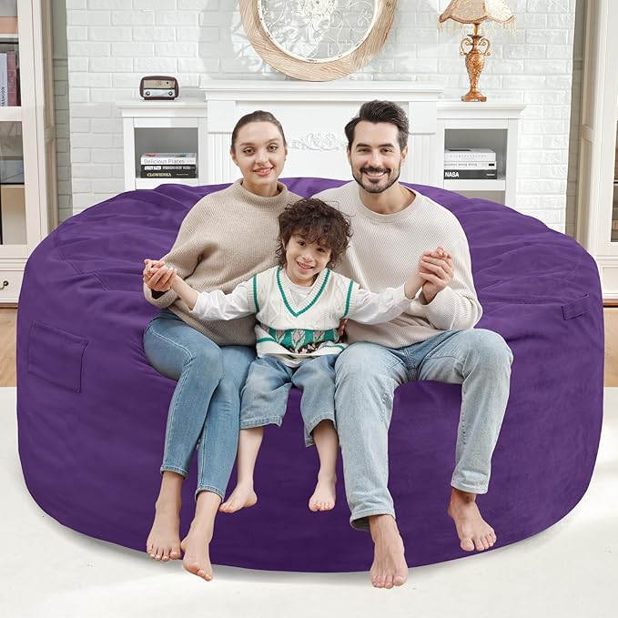 5FT Bean Bag Chair, Large Bean Bag Chairs with Memory Foam Filled, Fluffy Beanbag Sofa with Dutch Velvet Cover, Round BeanBag Chairs for Living Room, Playroom - Purple
