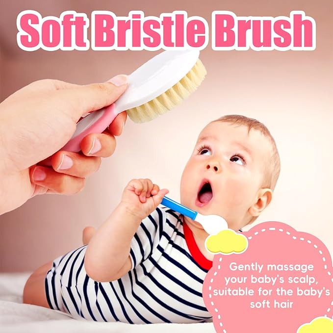 Baby Hair Brush and Comb Set, 4Pcs Baby Soft Bristles Brush Cradle Cap Brush Hair Comb for Newborns Toddlers Boys Girls (Pink)