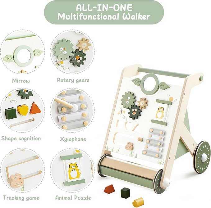 Beright Wooden Baby Walker with Roller Upgraded, Push and Pull Learning Activity Walker, Multi-Functional Kids’ Activity Toys, Develops Motor Skills & Stimulates Creativity, Green