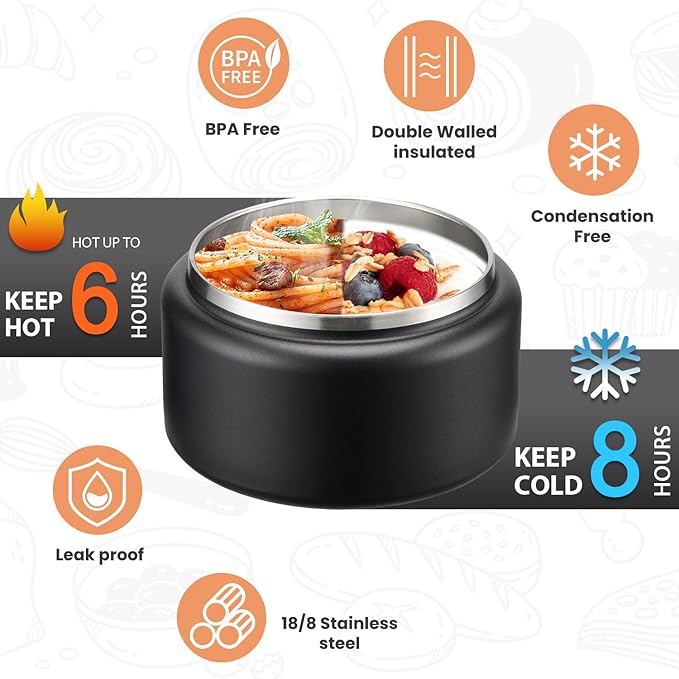 Soup Thermo for Hot Food Kids 13.5oz Lunch Containers with Buckle Lid Wide Mouth Hot Food Jar Vacuum Insulated Stainless Steel Bento Box Leakproof with Spoon(Black)