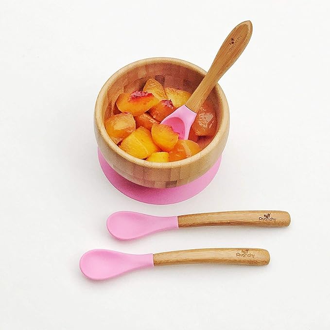 Avanchy Bamboo & Silicone Infant Training Spoons, BPA Free - Soft Tip, Easy on Gums, First Stage Feeding Utensils for Baby-Led Weaning, Self-Feeding, Magenta