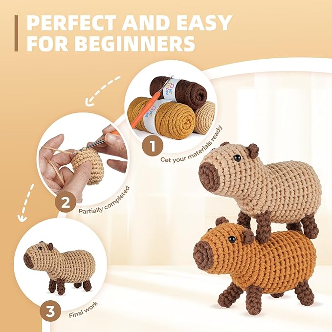MOREJMTT Crochet Kit for Beginners, Learn to Crochet, Include Easy Knitting Soft Yarn, Step-by-Step Video Tutorial, Hook, Holiday Birthday Gift for Adults and Kids(2 Pack Capybara)