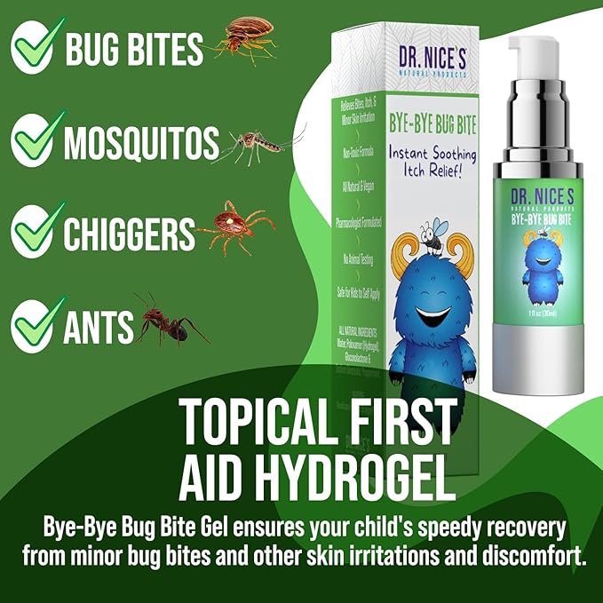 Dr. Nice’s Bye-Bye Bug Bite - Soothing Bug and Mosquito Bite Itch | All Natural | Kid Friendly Self Application | Hydrogel for Bites, Irritation, Skin Discomfort | Soothe Refresh Calm Cool (30 ML)