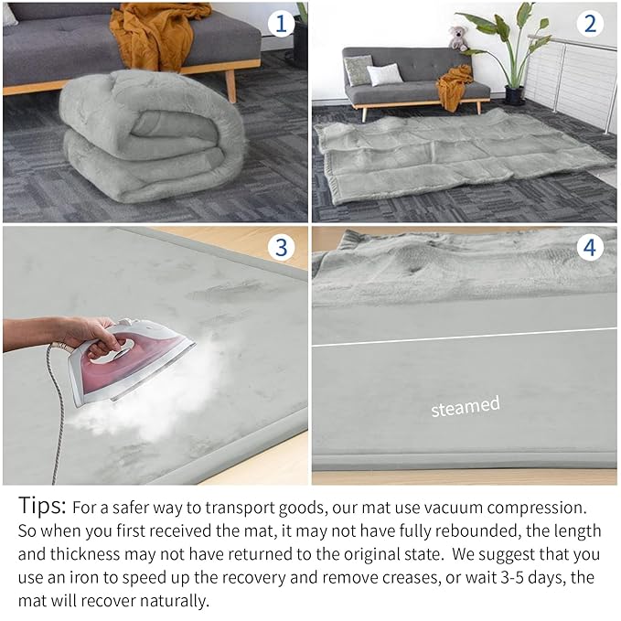 Baby Play Mat for Floor,1.3" Thick Memory foam Tummy Time Mat,79"×158“ Extra Large Soft Velvet Nursery Rug,Non Slip Safe for Crawling,Toddlers,Infants,kids,Tatami Style for Living Room(Light Grey)