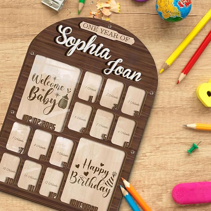 V-DECORPARKS Personalized My First Year Photo Frame | 12 Months Picture Frame For Baby First Year | Displays Two 4x6 Photo and Twelve 2x3 Pictures | Welcome Baby To Happy Birthday With Birth Stats