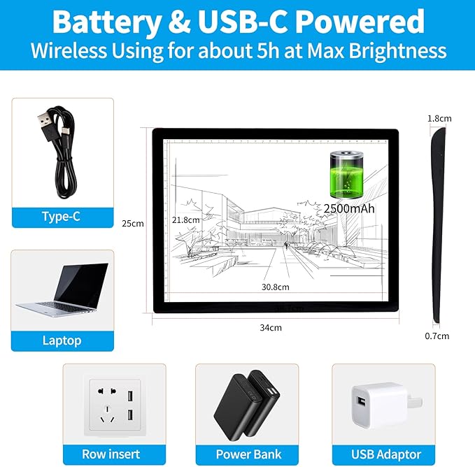 A4 Rechargeable Light Pad, KOBAIBAN Wireless Magnetic Tracing Light Box, 5 Levels Brightness LED Light Tablet Board, Cordless Battery Powered Light Drawing Table for 5D DIY Diamond Painting, Sketching